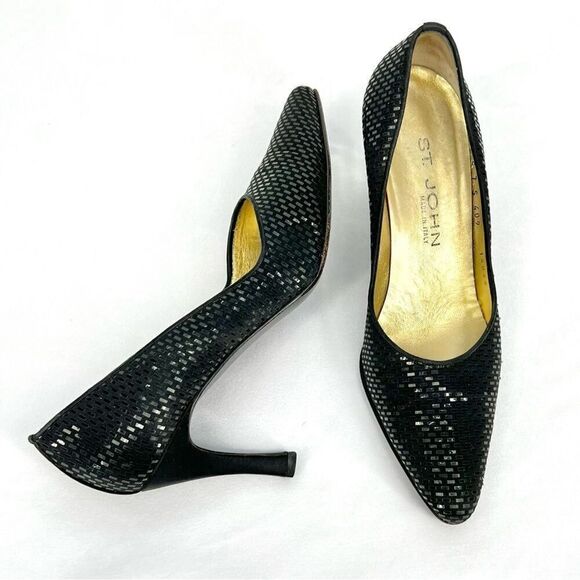St. John Black Satin Paillettes Made in Italy Pointed Toe Narrow Heel Pumps 7B - Picture 13 of 13